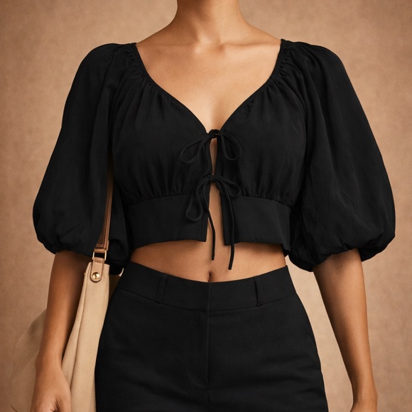 Forever 21 Tops - Forever 21 Black Puff Sleeve Tie Front Crop Top Size S Y2K Festival Boho
